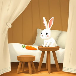 Inside a cozy room, a little white rabbit is awake and alert, sitting on a soft bed