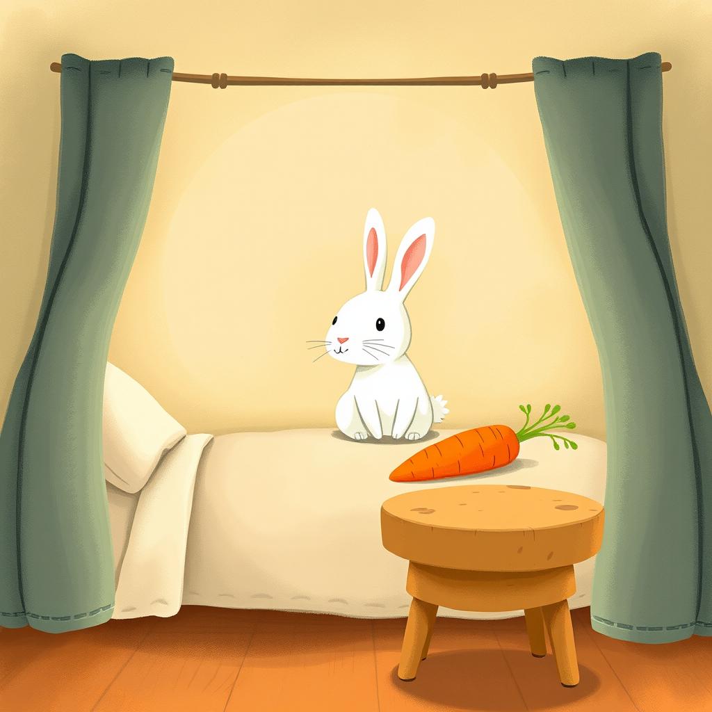 Inside a cozy room, a little white rabbit is awake and alert, sitting on a soft bed