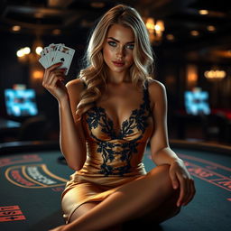 A cinematic photograph of a stunning blonde model, 25 years old, with wavy long blonde hair and striking blue eyes, set in a dark, mysterious-lit casino environment