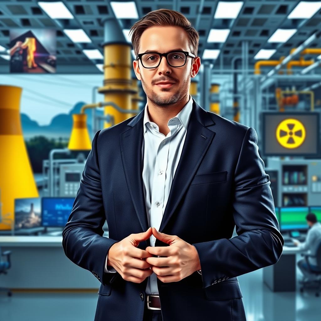 A male figure in a smart suit standing confidently in a nuclear power plant setting, discussing important topics related to nuclear energy