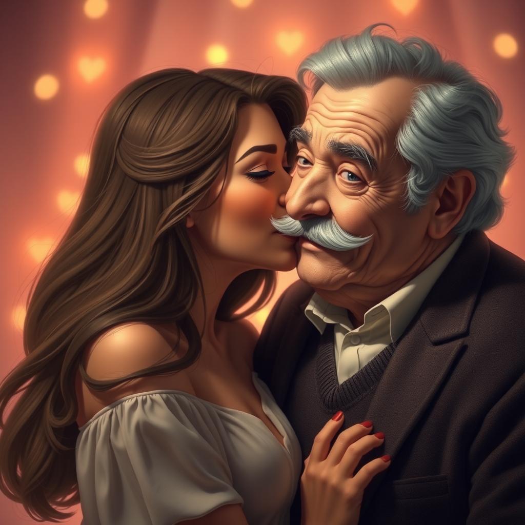 A young woman leaning in to kiss an older man with a distinctive mustache, set against a soft, romantic background