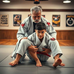 A dynamic scene featuring a young man with a focused expression, practicing jiu-jitsu moves on a mat