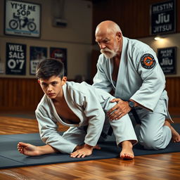 A dynamic scene featuring a young man with a focused expression, practicing jiu-jitsu moves on a mat