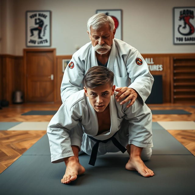 A dynamic scene featuring a young man with a focused expression, practicing jiu-jitsu moves on a mat