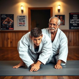 A dynamic scene featuring a young man with a focused expression, practicing jiu-jitsu moves on a mat