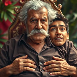 An elderly man with a thick mustache and rough appearance sitting regally on the chest of a young man, emphasizing a sense of dominance in the scene