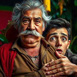 An elderly man with a thick mustache and rough appearance sitting regally on the chest of a young man, emphasizing a sense of dominance in the scene