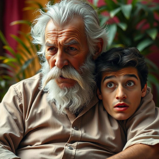 An elderly man with a thick mustache and rough appearance sitting regally on the chest of a young man, emphasizing a sense of dominance in the scene