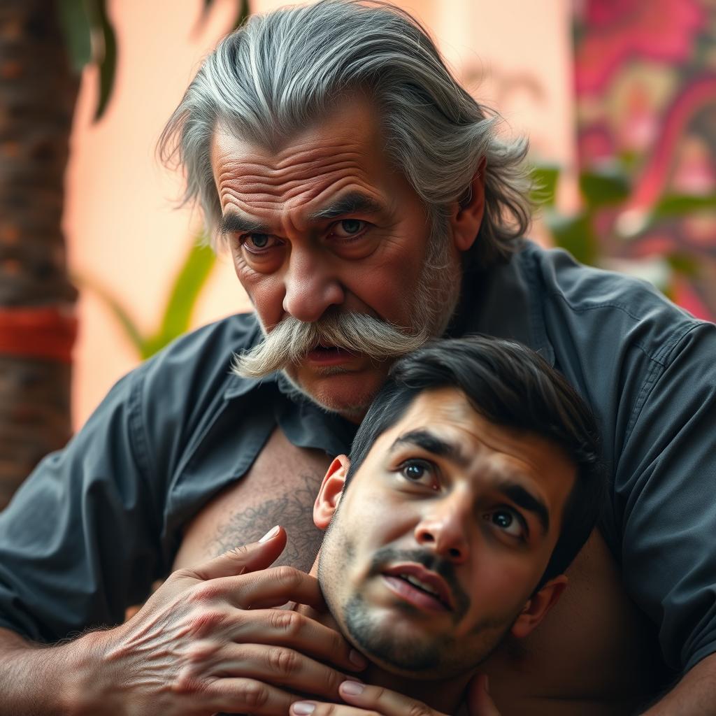 An elderly man with a thick mustache and rough appearance sitting regally on the chest of a young man, emphasizing a sense of dominance in the scene