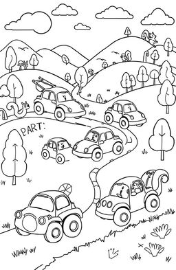 A fun and whimsical sketch for a children's coloring book featuring various cartoon-style cars