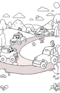 A fun and whimsical sketch for a children's coloring book featuring various cartoon-style cars