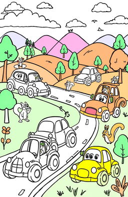 A fun and whimsical sketch for a children's coloring book featuring various cartoon-style cars