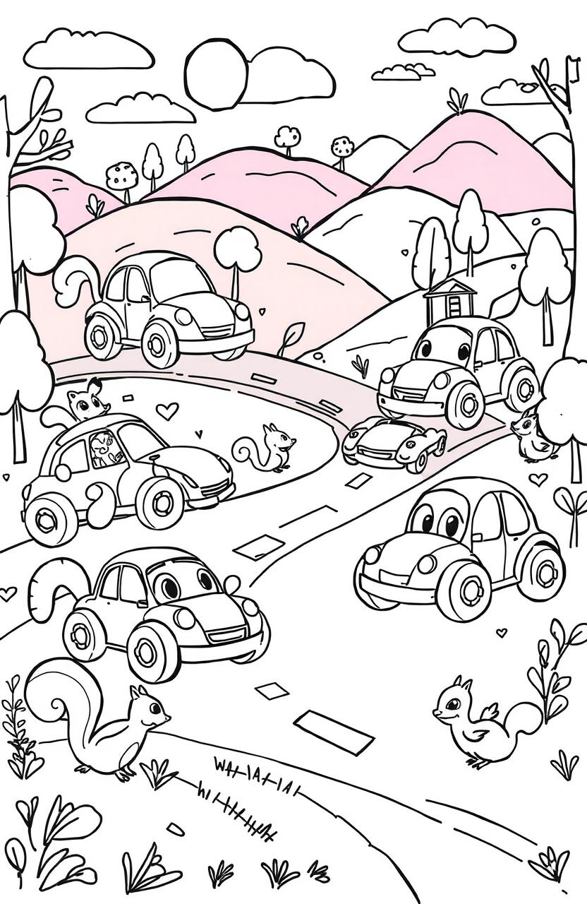 A fun and whimsical sketch for a children's coloring book featuring various cartoon-style cars