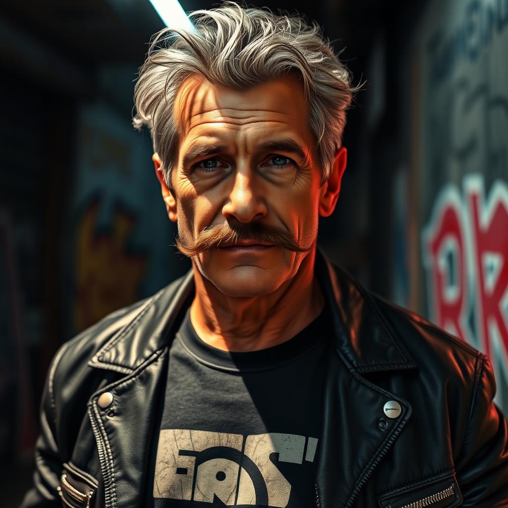 A portrait of a rugged, older gay man with a prominent mustache and a strong, weathered face
