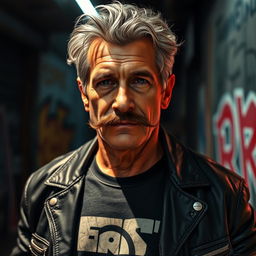 A portrait of a rugged, older gay man with a prominent mustache and a strong, weathered face