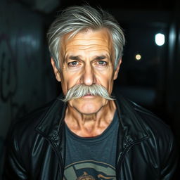 A portrait of a rugged, older gay man with a prominent mustache and a strong, weathered face