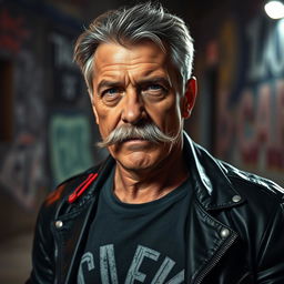 A portrait of a rugged, older gay man with a prominent mustache and a strong, weathered face