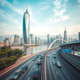 A vibrant cityscape featuring a modern Chinese skyscraper rising majestically next to a bustling river