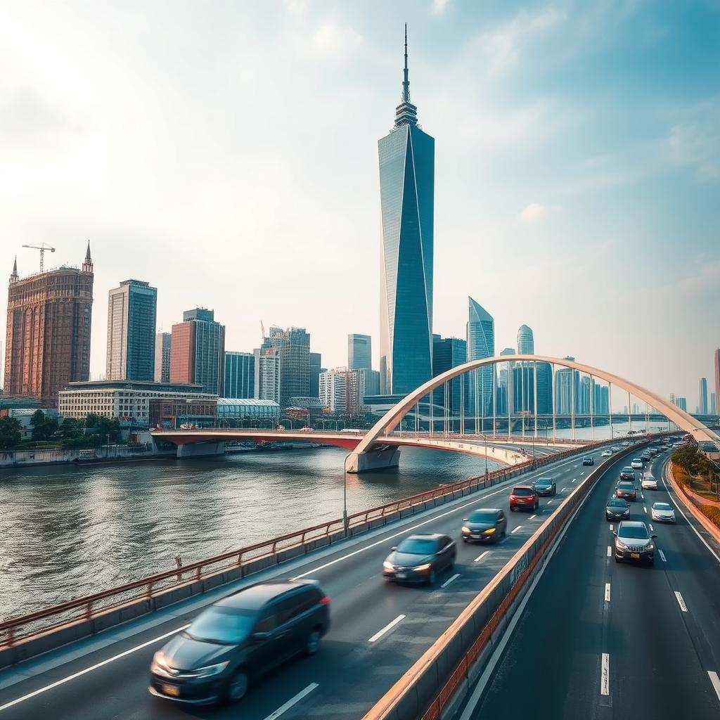 A vibrant cityscape featuring a modern Chinese skyscraper rising majestically next to a bustling river