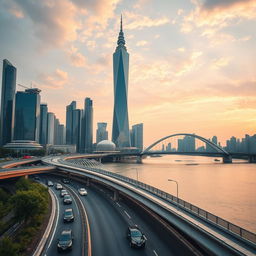 A vibrant cityscape featuring a modern Chinese skyscraper rising majestically next to a bustling river