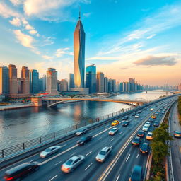 A vibrant cityscape featuring a modern Chinese skyscraper rising majestically next to a bustling river
