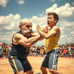 A surreal and humorous scene of a bald old man with a bushy mustache executing a wrestling move on a young man
