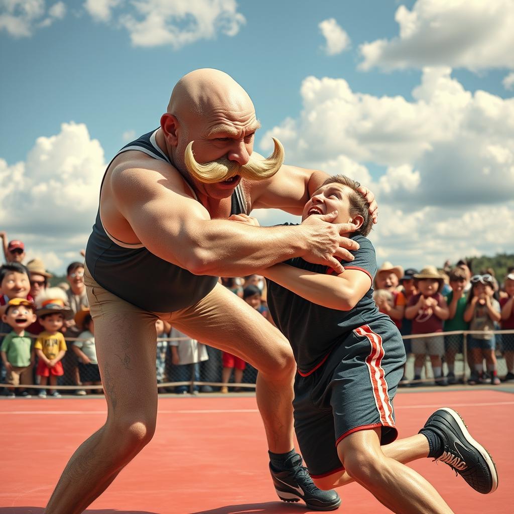 A surreal and humorous scene of a bald old man with a bushy mustache executing a wrestling move on a young man