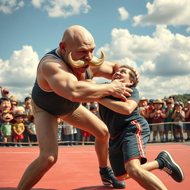 A surreal and humorous scene of a bald old man with a bushy mustache executing a wrestling move on a young man