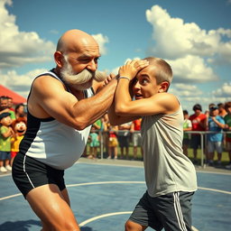 A surreal and humorous scene of a bald old man with a bushy mustache executing a wrestling move on a young man