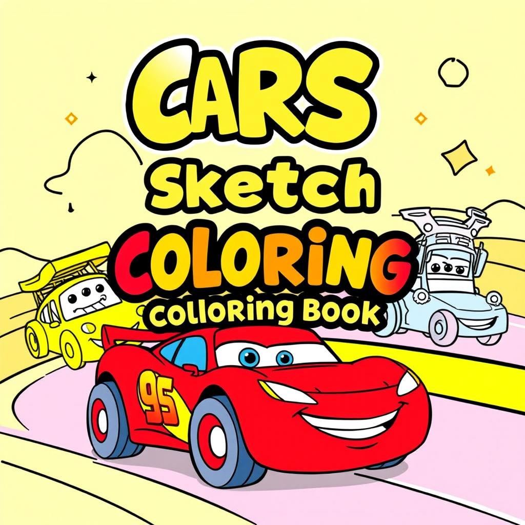 A colorful and playful book cover design for a kids' 'Cars Sketch Coloring Book
