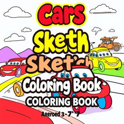 A colorful and playful book cover design for a kids' 'Cars Sketch Coloring Book