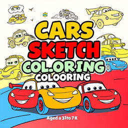 A colorful and playful book cover design for a kids' 'Cars Sketch Coloring Book