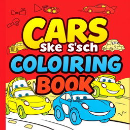 A colorful and playful book cover design for a kids' 'Cars Sketch Coloring Book
