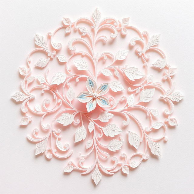 An intricate paper filigree design featuring delicate patterns and swirls, showcasing a captivating floral motif with leaves and vines intertwined