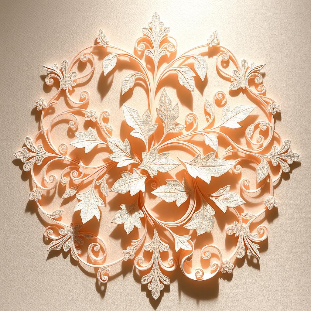 An intricate paper filigree design featuring delicate patterns and swirls, showcasing a captivating floral motif with leaves and vines intertwined
