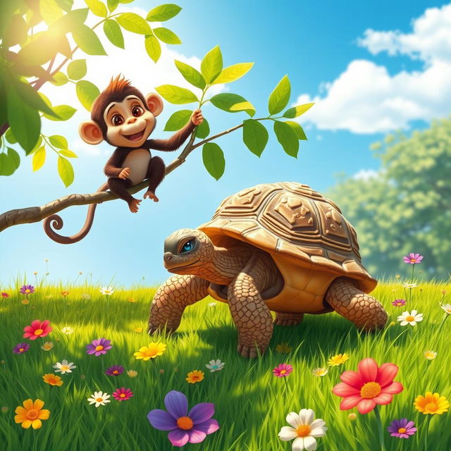 A whimsical scene depicting a tortoise and a monkey engaging in a lighthearted interaction