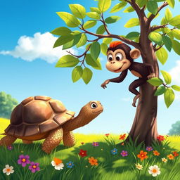 A whimsical scene depicting a tortoise and a monkey engaging in a lighthearted interaction