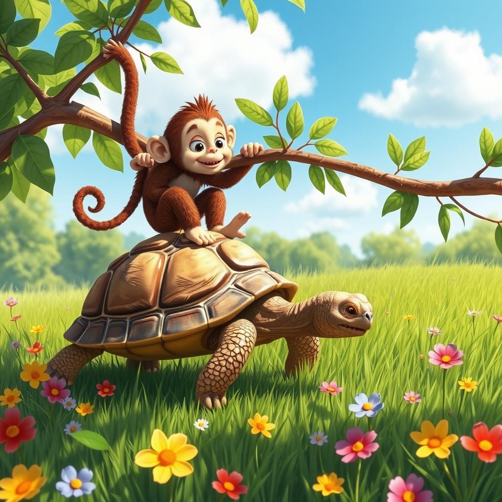 A whimsical scene depicting a tortoise and a monkey engaging in a lighthearted interaction
