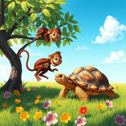 A whimsical scene depicting a tortoise and a monkey engaging in a lighthearted interaction