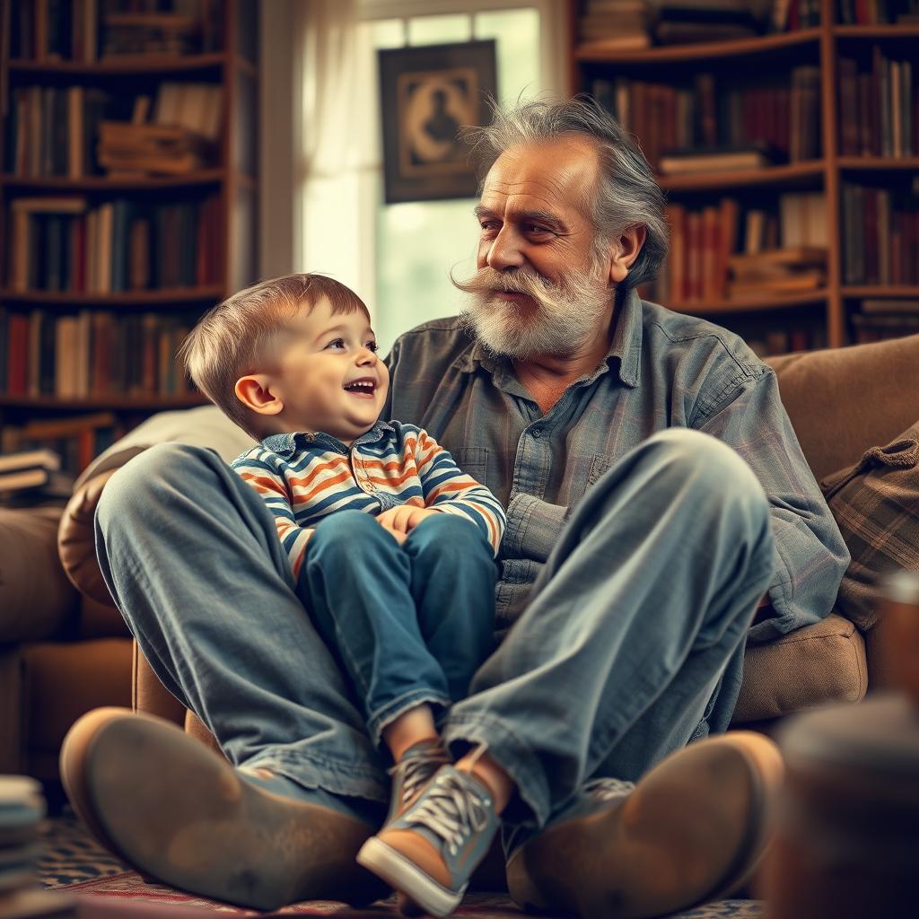 A young boy playfully sitting between the locked legs of an elderly man with a thick mustache and a rugged appearance, both looking at each other with expressions of joy and mischief