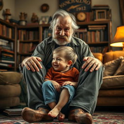 A young boy playfully sitting between the locked legs of an elderly man with a thick mustache and a rugged appearance, both looking at each other with expressions of joy and mischief