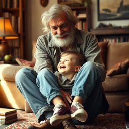 A young boy playfully sitting between the locked legs of an elderly man with a thick mustache and a rugged appearance, both looking at each other with expressions of joy and mischief