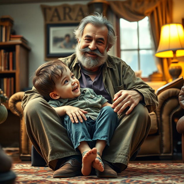 A young boy playfully sitting between the locked legs of an elderly man with a thick mustache and a rugged appearance, both looking at each other with expressions of joy and mischief