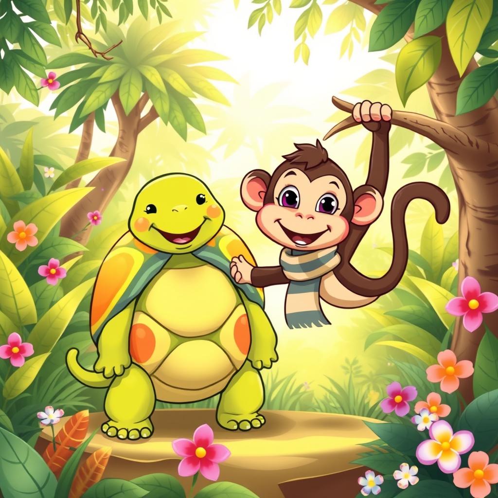 A charming cartoon illustration featuring a tortoise and a monkey standing side by side in a sunny, vibrant jungle