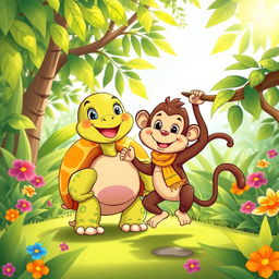 A charming cartoon illustration featuring a tortoise and a monkey standing side by side in a sunny, vibrant jungle