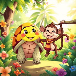 A charming cartoon illustration featuring a tortoise and a monkey standing side by side in a sunny, vibrant jungle
