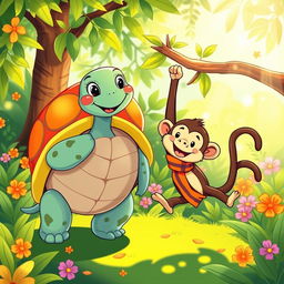 A charming cartoon illustration featuring a tortoise and a monkey standing side by side in a sunny, vibrant jungle