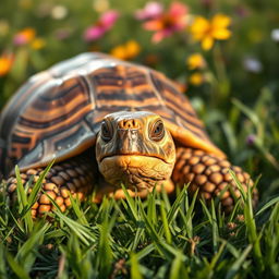A beautifully detailed close-up of a tortoise resting on a bed of lush green grass under soft sunlight