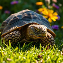 A beautifully detailed close-up of a tortoise resting on a bed of lush green grass under soft sunlight