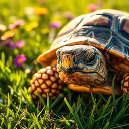 A beautifully detailed close-up of a tortoise resting on a bed of lush green grass under soft sunlight